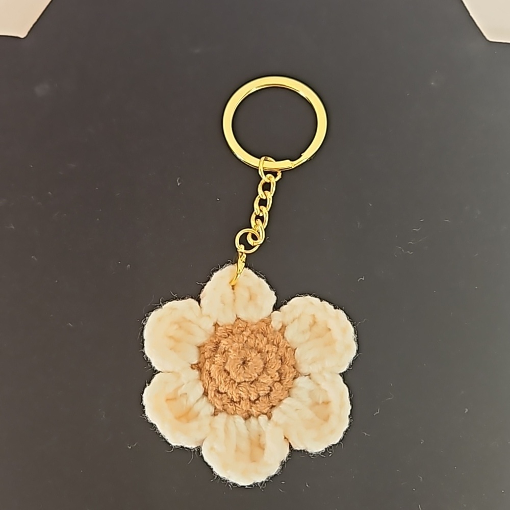 Hand Crafted Hand Knit Chrochet floral gold 4" Keychain flower baige and brown - Picture 6 of 17